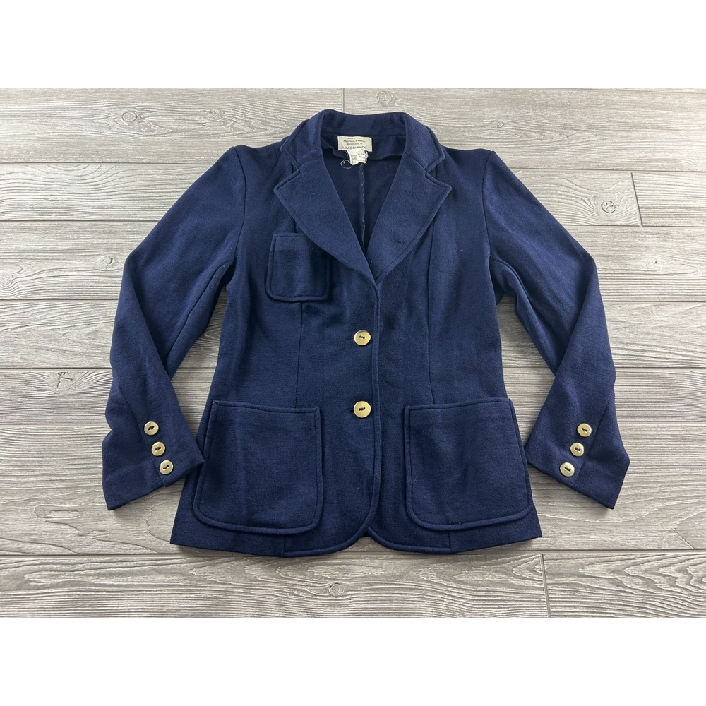 I. Magnin Navy Blue Wool Collared Button Blazer Jacket Pockets Womens
